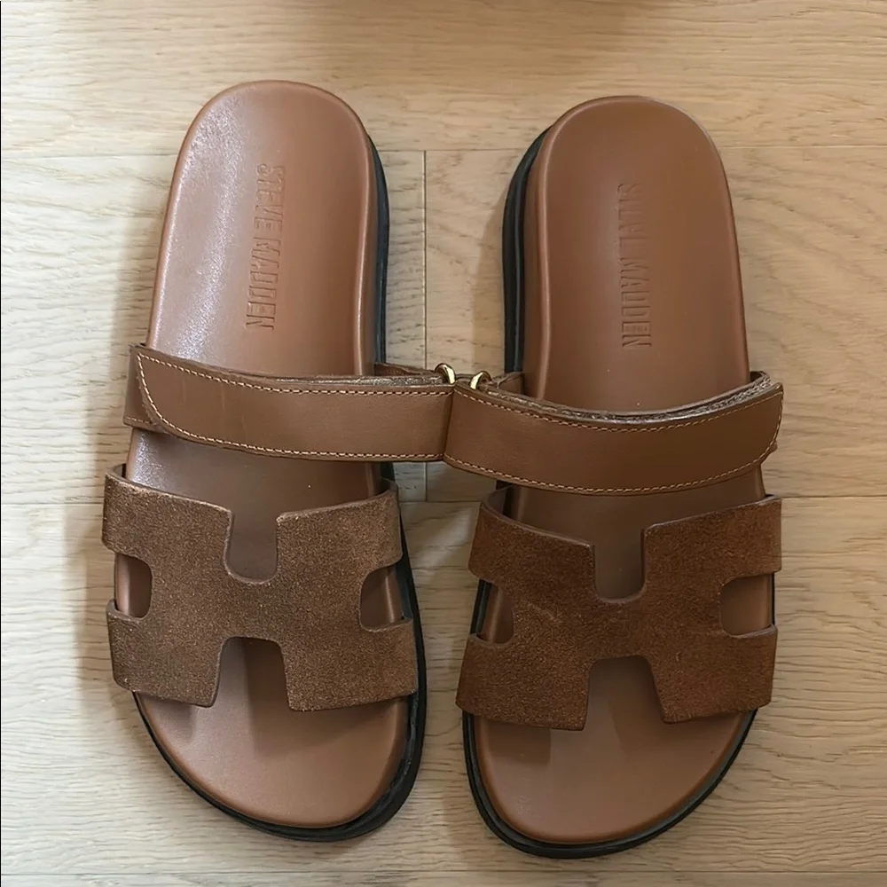 Steve Madden Brown Suede Double-Strap Slide Sandals